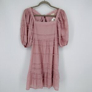 Altar’d State Puff Sleeve Babydoll Mini Dress Women’s Size S Pink Pockets NWT